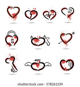 Set abstract hearts drawn by hand white background  Vector illustration