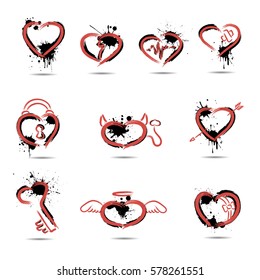 Set abstract hearts drawn by hand white background  Vector illustration