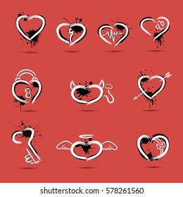 Set of abstract hearts drawn by hand on a red background. Vector illustration