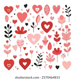 Set of abstract hearts, flowers and leaves, colored, Valentine's day, Vector, isolated on white background