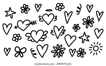 Set with abstract hearts and flowers. Vector illustration in doodle style. Isolated on white background