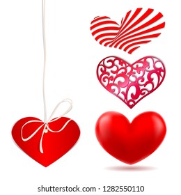 Set of abstract hearts made of various materials. Symbol romantic, love, passion, wedding. Design element for Valentine day, holiday or greeting, decoration. Vector illustration