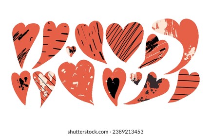 Set of abstract hearts with textures for Valentine's Day. Hand draw illustration