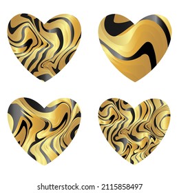 Set of abstract hearts with tiger marble texture. For trendy print, greeting card, banner, invitation. Vector illustration.