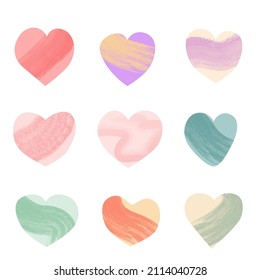 Set of abstract hearts with a watercolor fill of pink, yellow and green shades on a white background for the design of a postcard, banner.