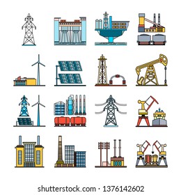 Set of abstract  heavy industry icons featuring energy, hydro power, wind generators, wind and solar power, oil rigs, mining, power lines, sea port infrastructure, industrial equipment. 