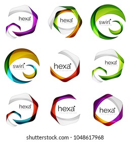 Conjunto de logotipos abstractos de hexágono, emblemas de logotipo de marca geométrica, formas abstractas de identidad empresarial. Ilustración del vector