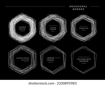 Set of abstract hexagonal blend line border logo. Scribble line hexagon frame.