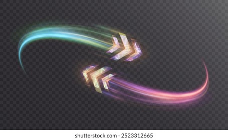 Set of abstract high speed bright colorful glowing arrows, modern arrow light speed effect on black background, vector illustration.	
