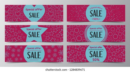 Set of abstract holidays banners template for sale and greeting cards with snow, heart, star, circle, snowflake. Element for flyer, discount, poster, voucher, header. Modern colorful background.