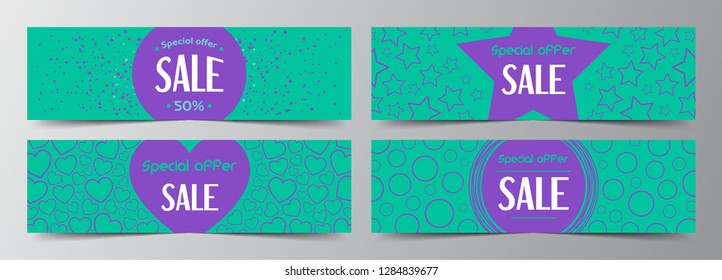 Set of abstract holidays banners template for sale and greeting cards with snow, heart, star, circle. Element for flyer, discount, poster, voucher, header. Modern colorful background.