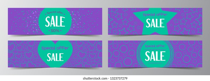 Set of abstract holidays banners template for sale and greeting cards with snow, heart, star, circle, snowflake. Element for flyer, discount, poster, voucher, header. Modern colorful background.