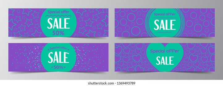 Set of abstract holidays banners template for sale and greeting cards with snow, heart, star, circle, snowflake. Element for flyer, discount, poster, voucher, header. Modern colorful background.