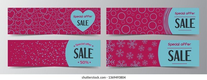 Set of abstract holidays banners template for sale and greeting cards with snow, heart, star, circle, snowflake. Element for flyer, discount, poster, voucher, header. Modern colorful background.