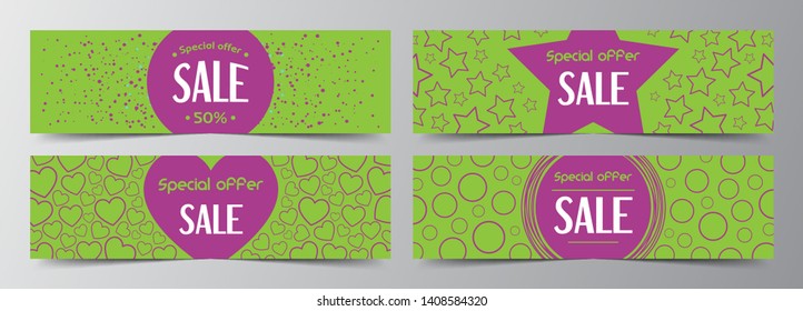Set of abstract holidays banners template for sale and greeting cards with snow, heart, star, circle. Element for flyer, discount, poster, voucher, header. Modern colorful background.
