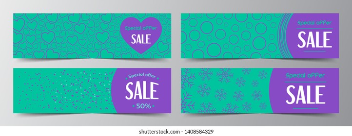 Set of abstract holidays banners template for sale and greeting cards with snow, heart, circle, snowflake. Element for flyer, discount, poster, voucher, header. Modern colorful background.