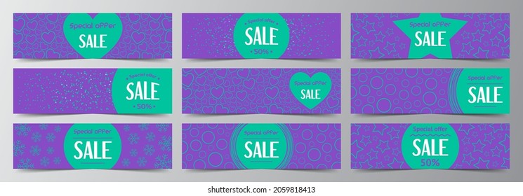 Set of abstract holidays banners template for sale and greeting cards with snow, heart, star, circle, snowflake. Element for flyer, discount, poster, voucher, header. Modern colorful background.