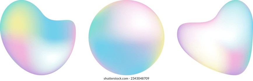 Set of abstract hologram designs for backdrops Vibrant abstract fluid neon holographic 3d translucent spheres on white background in trendy style. Soft gradient tones. Vector illustration
