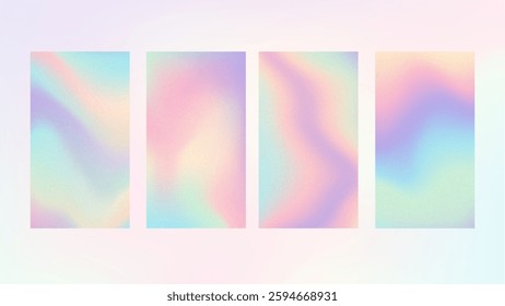 Set of abstract holographic backgrounds for smartphone and design with grainy texture. Background with soft gradient hologram gradient. Pastel vector trend poster