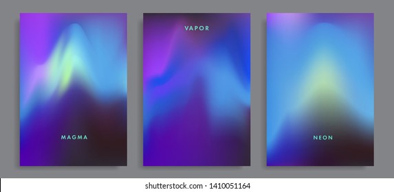 Set of abstract holographic minimal vector backgrounds. Collection of posters for music event with neon vibrant blurs in retrowave/ vaporwave/ synthwave 80s-90s style.