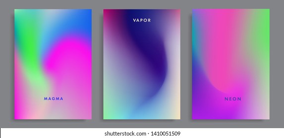 Set of abstract holographic minimal vector backgrounds. Collection of posters for music event with neon vibrant blurs in retrowave/ vaporwave/ synthwave 80s-90s style.