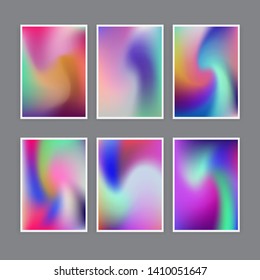 Set of abstract holographic minimal vector backgrounds. Collection of posters for music event with neon vibrant blurs in retrowave/ vaporwave/ synthwave 80s-90s style.