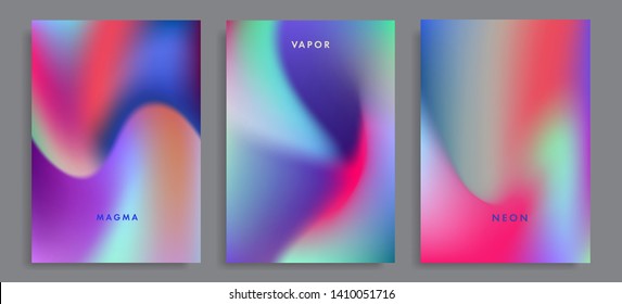 Set of abstract holographic minimal vector backgrounds. Collection of posters for music event with neon vibrant blurs in retrowave/ vaporwave/ synthwave 80s-90s style.