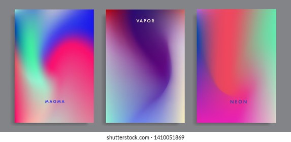 Set of abstract holographic minimal vector backgrounds. Collection of posters for music event with neon vibrant blurs in retrowave/ vaporwave/ synthwave 80s-90s style.