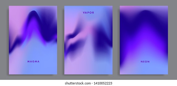 Set of abstract holographic minimal vector backgrounds. Collection of posters for music event with neon vibrant blurs in retrowave/ vaporwave/ synthwave 80s-90s style.