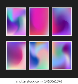 Set of abstract holographic minimal vector backgrounds. Collection of posters for music event with neon vibrant blurs in retrowave/ vaporwave/ synthwave 80s-90s style.