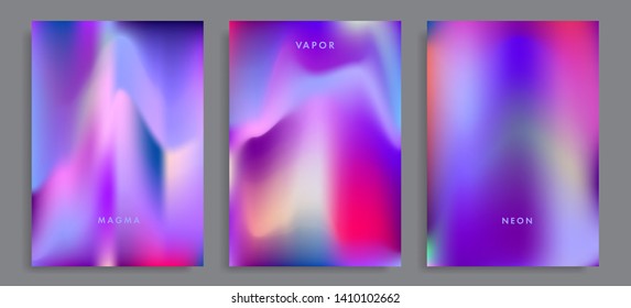 Set of abstract holographic minimal vector backgrounds. Collection of posters for music event with neon vibrant blurs in retrowave/ vaporwave/ synthwave 80s-90s style.