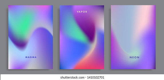 Set of abstract holographic minimal vector backgrounds. Collection of posters for music event with neon vibrant blurs in retrowave/ vaporwave/ synthwave 80s-90s style.