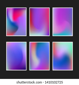 Set of abstract holographic minimal vector backgrounds. Collection of posters for music event with neon vibrant blurs in retrowave/ vaporwave/ synthwave 80s-90s style.