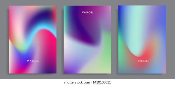 Set of abstract holographic minimal vector backgrounds. Collection of posters for music event with neon vibrant blurs in retrowave/ vaporwave/ synthwave 80s-90s style.