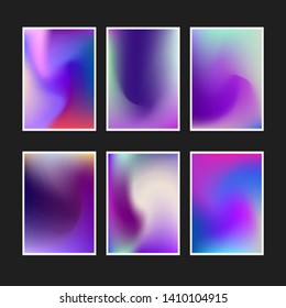 Set of abstract holographic minimal vector backgrounds. Collection of posters for music event with neon vibrant blurs in retrowave/ vaporwave/ synthwave 80s-90s style.