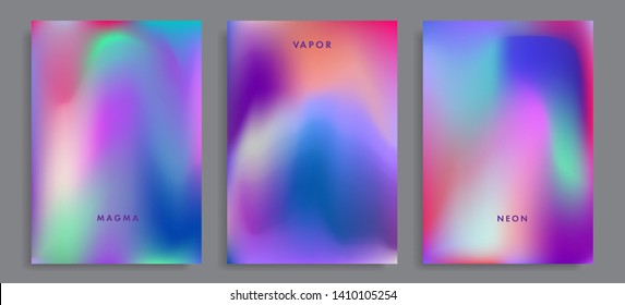 Set of abstract holographic minimal vector backgrounds. Collection of posters for music event with neon vibrant blurs in retrowave/ vaporwave/ synthwave 80s-90s style.