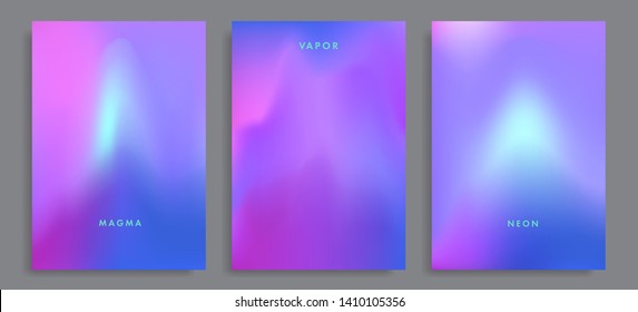 Set of abstract holographic minimal vector backgrounds. Collection of posters for music event with neon vibrant blurs in retrowave/ vaporwave/ synthwave 80s-90s style.