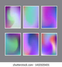 Set of abstract holographic minimal vector backgrounds. Collection of posters for music event with neon vibrant blurs in retrowave/ vaporwave/ synthwave 80s-90s style.