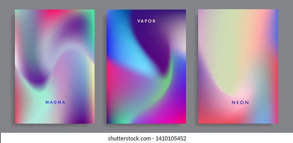 Set of abstract holographic minimal vector backgrounds. Collection of posters for music event with neon vibrant blurs in retrowave/ vaporwave/ synthwave 80s-90s style.