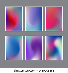 Set of abstract holographic minimal vector backgrounds. Collection of posters for music event with neon vibrant blurs in retrowave/ vaporwave/ synthwave 80s-90s style.