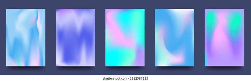 Set of abstract holographic minimal vector backgrounds. Poster collection with neon fluid, bright blurs. Vector