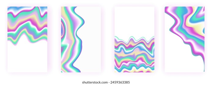 Set of abstract holographic posters. Vector collection of iridescent neon cards, covers and banners. For printing on paper.Delicate lilac, pink, yellow and blue shades of current design.