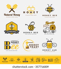 Set of abstract honey bee logo and labels for honey products. Vector illustration