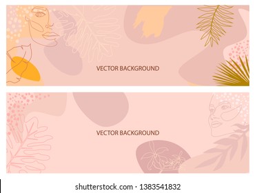 Set of abstract horizontal background with tropical elements, shapes and girl portrait in one line style. Background for mobile app minimalistic style. Vector illustration