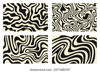 Set of abstract horizontal backgrounds with black and beige waves. Trendy vector illustration in style retro 60s, 70s.