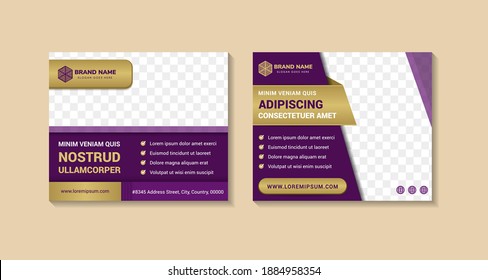 set of abstract horizontal banner template design use purple and gold colors. rectangle shape with space for photo collage. 