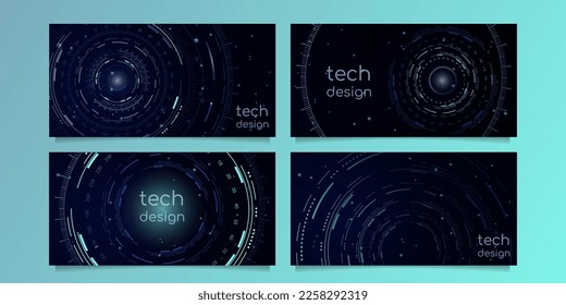 Eine Reihe abstrakter horizontaler Banner mit Kreisen, Zahlen, digitalen Maßstäben, Lichtpunkten. Digitales Interface, Portal, Teleport und Technologiekonzept. Leerzeichen kopieren