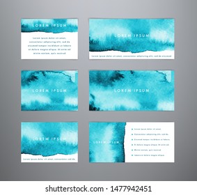 Set of abstract horizontal blue watercolor templates. Sea watercolor backgrounds. Templates for banner, flyer, list, ad, cover,  web page, business card