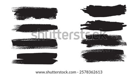 Set of abstract horizontal grunge background templates. Vector black spots with jagged edges. Hand drawn brush strokes isolated on white. For text, advertising, texture desig