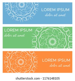 Set of abstract horizontal header banners with geometric circular elements and place for text. Colorful backgrounds for web design. Vector illustration
